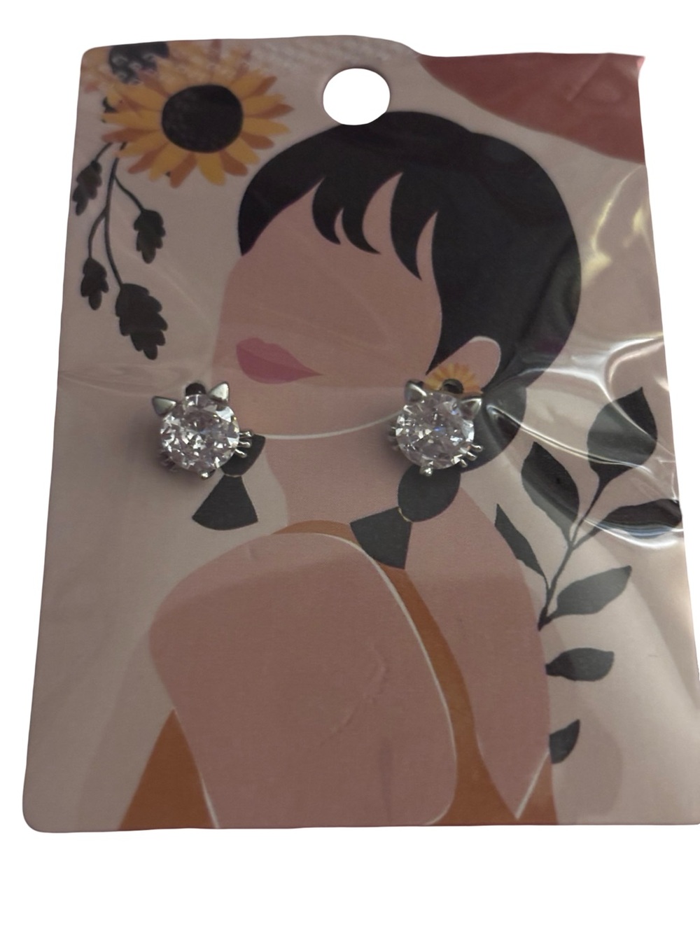 Kitty Cat Silver Clear Crystal Stud Earrings